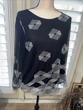 Alfani Black Blouse with White Geometric Embroidery